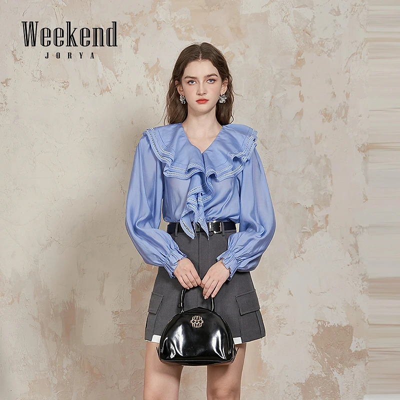 卓雅周末冬季新款V领荷叶边蕾丝拼接收腰衬衫上衣Q260255C