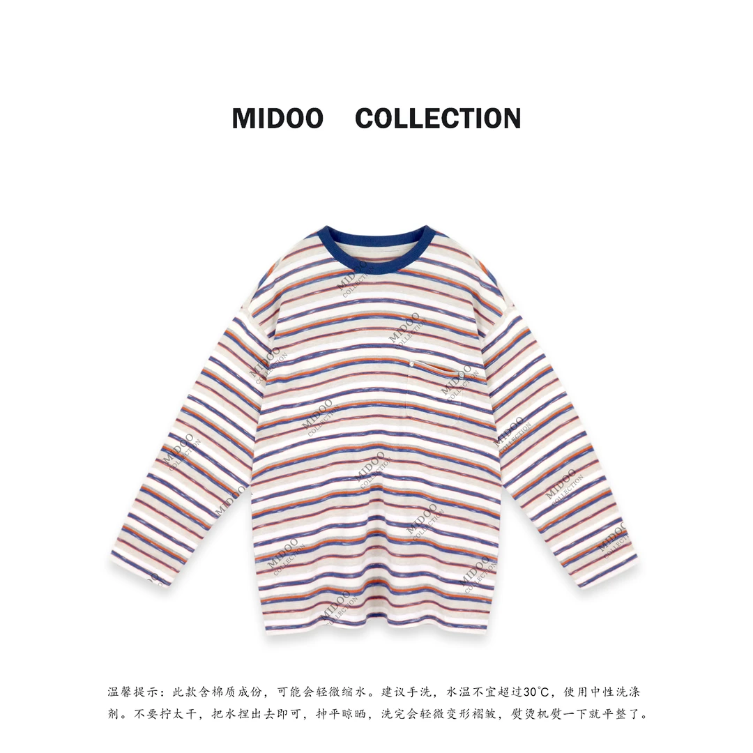 MIDOO 港风复古色调彩条圆领T恤