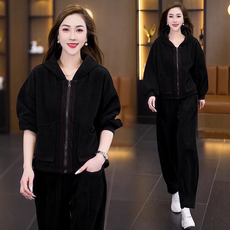 时尚休闲套装女2025春季新款简约拼色连帽灯芯绒外套哈伦裤两件套