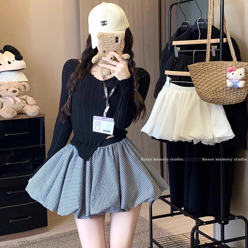 撞色格子花苞裙小个子半身裙短裙女装夏季高腰防走光A字裙蓬蓬裙