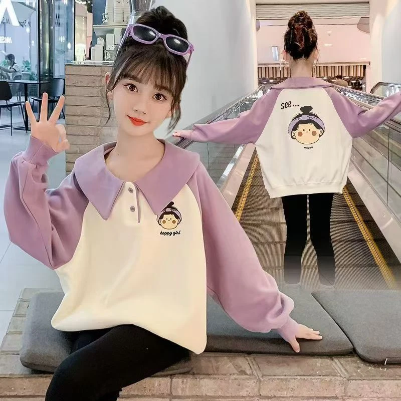 女中大童2025春季新款POLO领卫衣儿童洋气落肩翻领上衣中大童长袖