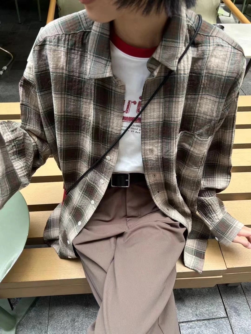 格子拼色宽松翻领常规款长袖衬衫复古秋季春季外套韩版