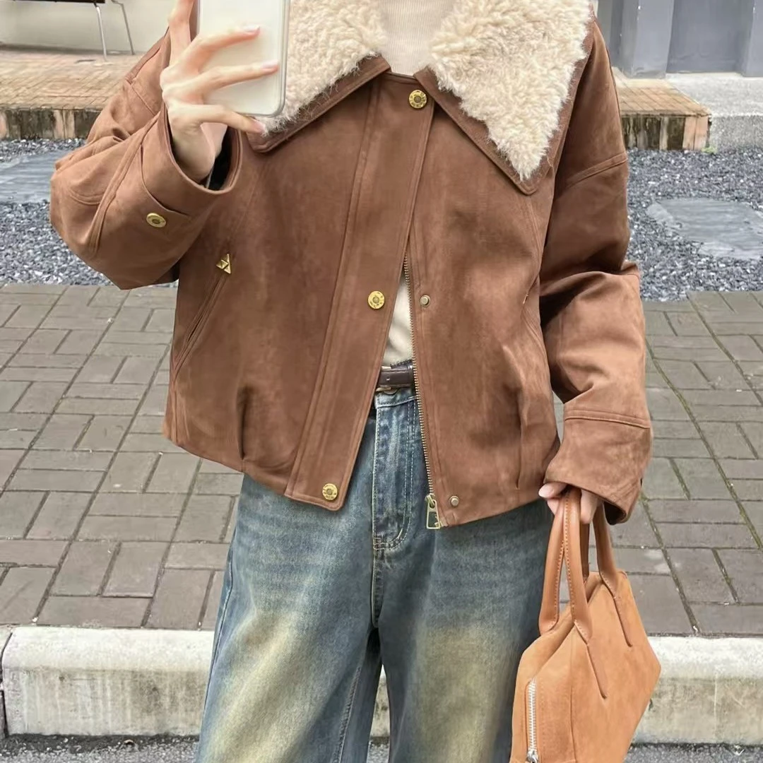 翻领连帽女冬季加厚麂皮绒保暖短款外套99768