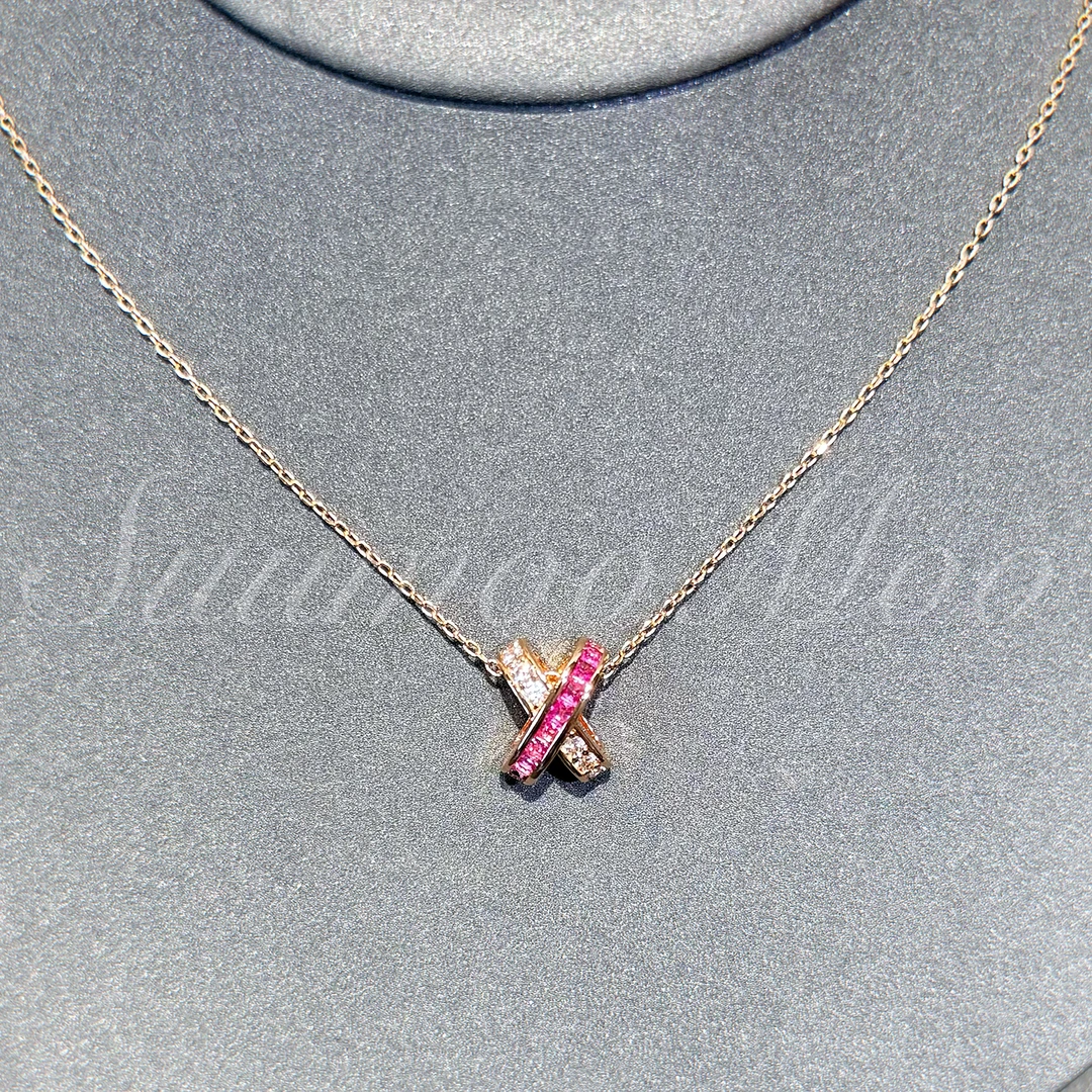 钨金合成锆石项链 法式时尚粉玫色交叉项链