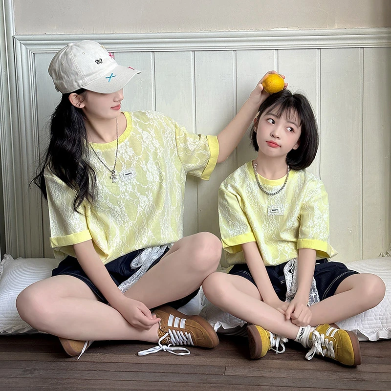 2025新款女童花边T牛仔短裤套亲子装清爽透气简约小众时尚休闲风