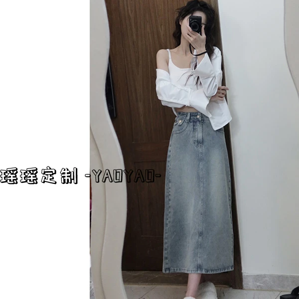 自留款牛仔半身裙女夏2025中长款高腰显瘦开叉a字裙