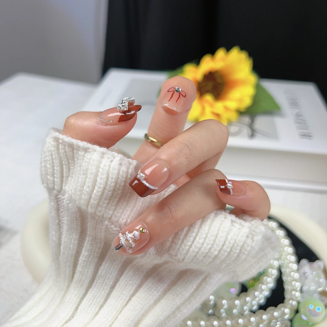 蝴蝶结圣诞树-纯手工穿戴甲 法式腮红立体圣诞树美甲 可重复穿戴