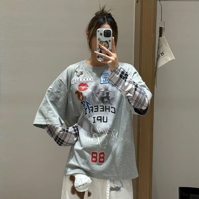 cheeri upi设计师新款25秋季小狗打哈欠假两件长袖T恤