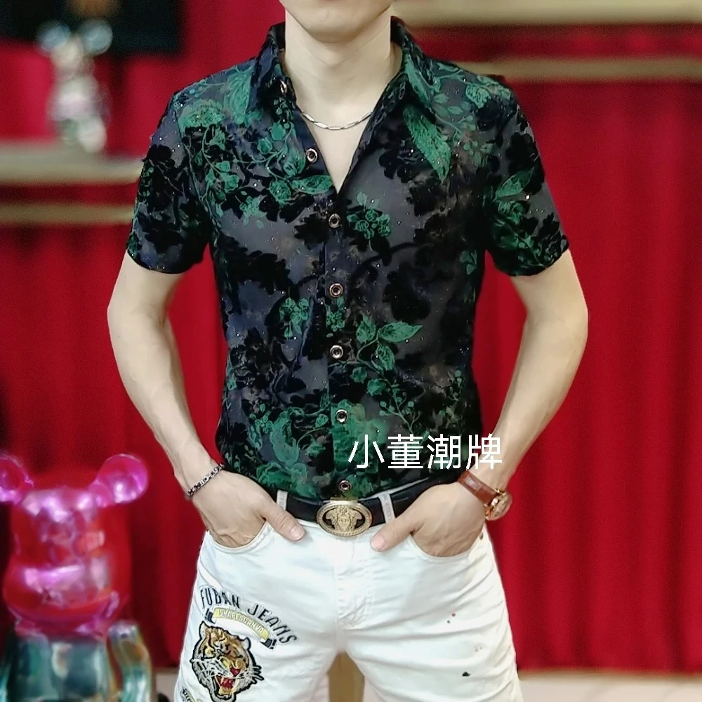 2025夏季男士新款时尚潮流植绒提花翻领短䄂修身百搭冰丝薄款衬衫