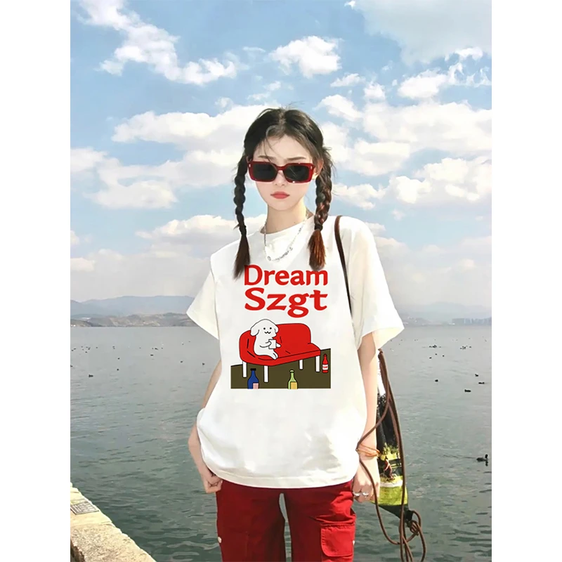 美式复古印花正肩短袖t恤女春夏季新款设计感小众宽松半袖上衣服
