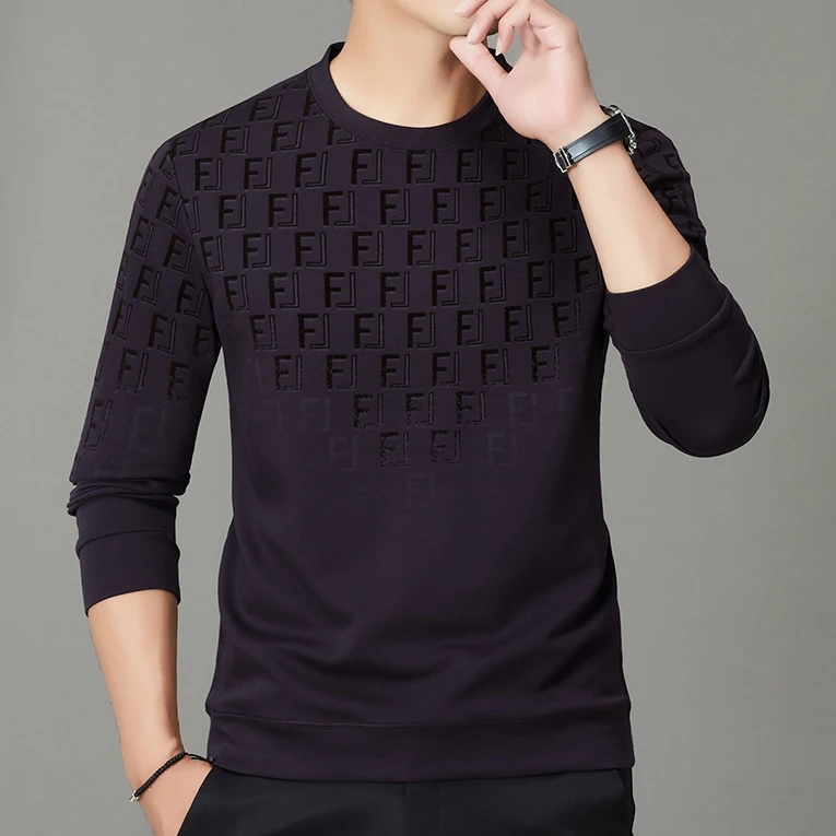 商务秋季男士长袖卫衣t恤休闲百搭时尚套头圆领植绒上衣打底衫潮