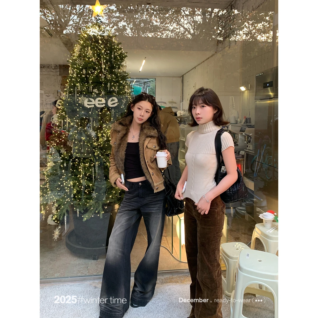 SUNONEONE 美式复古水洗做旧阔腿牛仔裤女冬直筒休闲裤子H1066K