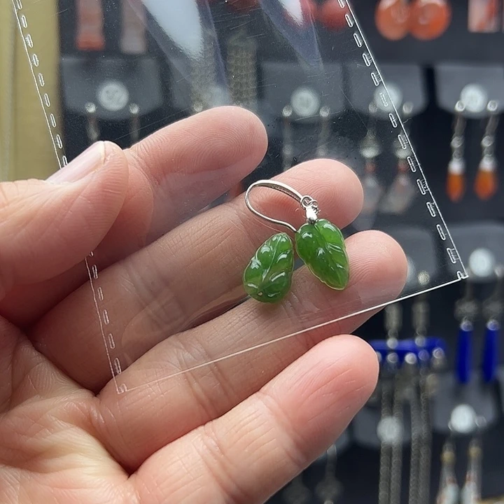 和田玉（碧玉）耳饰银S925镶嵌沁**儿