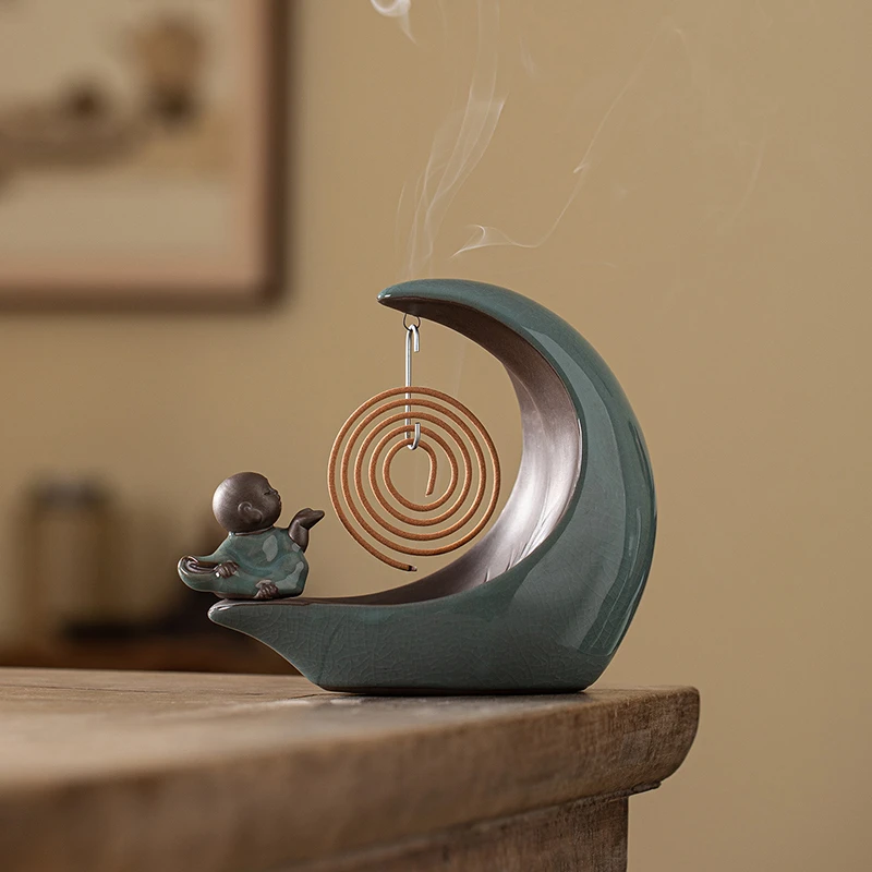 哥窑禅意小和尚挂式盘香炉创意点香座香器茶室书房桌面香薰炉摆件