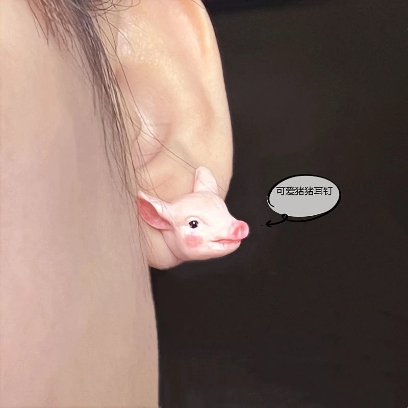 非金属树脂耳饰 仿真猪头耳钉可爱猪猪小众动物饰品小猪耳钉学生