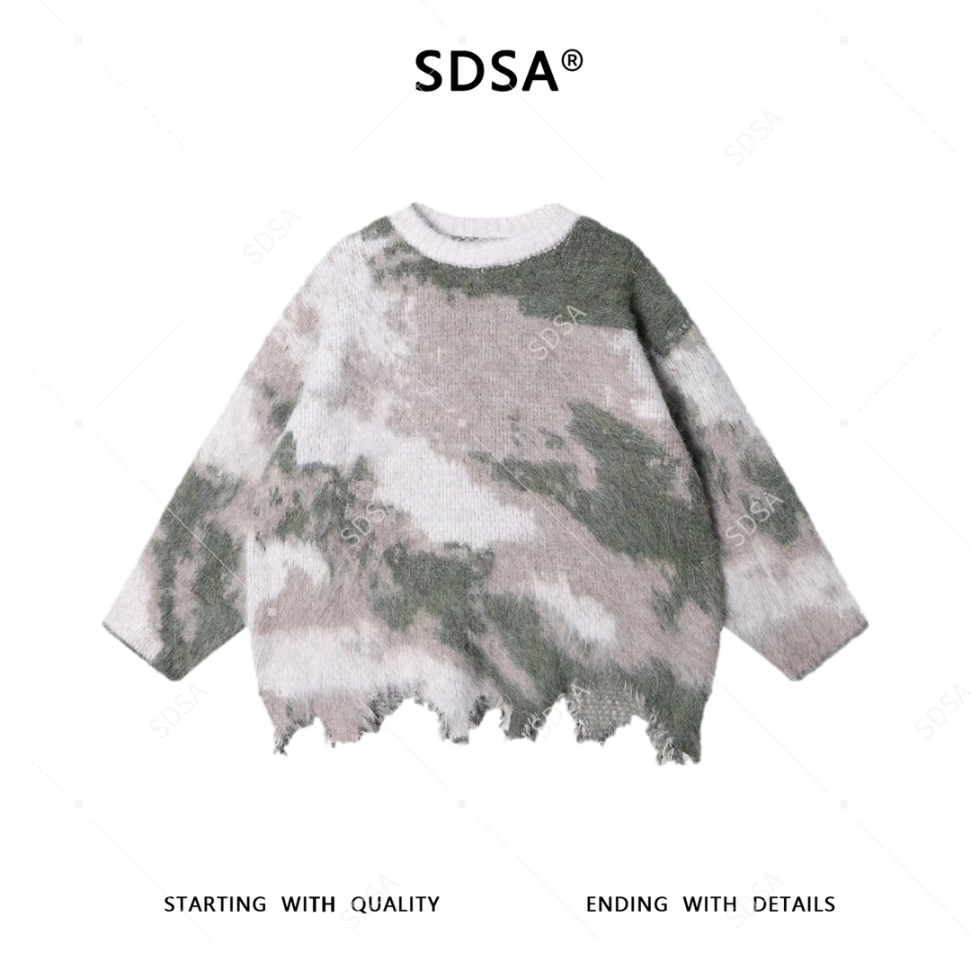 SDSA男士秋冬新款痞帅男装设计感不规则撞色圆领毛衣慵懒风百搭