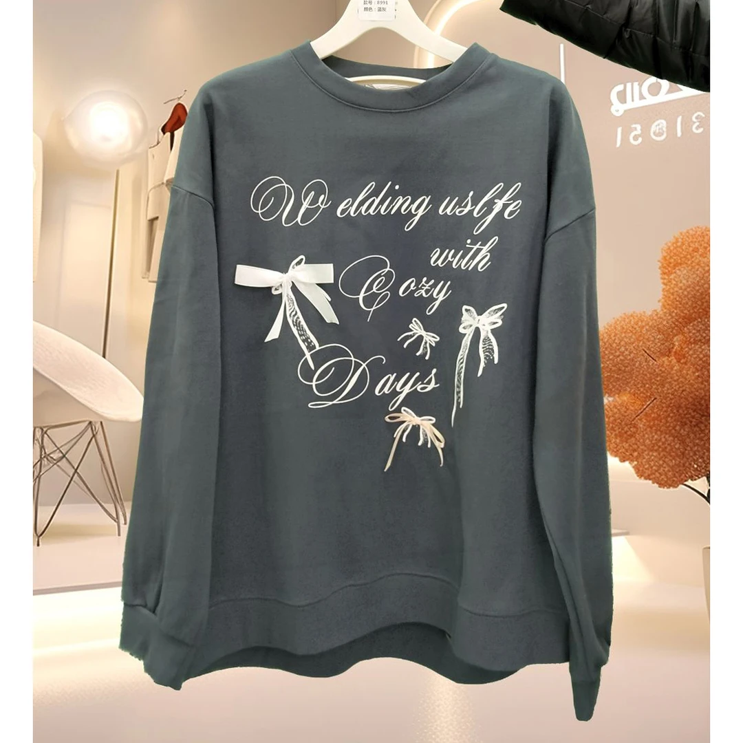 女士纯棉圆领印花蝴蝶结卫衣宽松大版休闲百搭长袖T恤8991