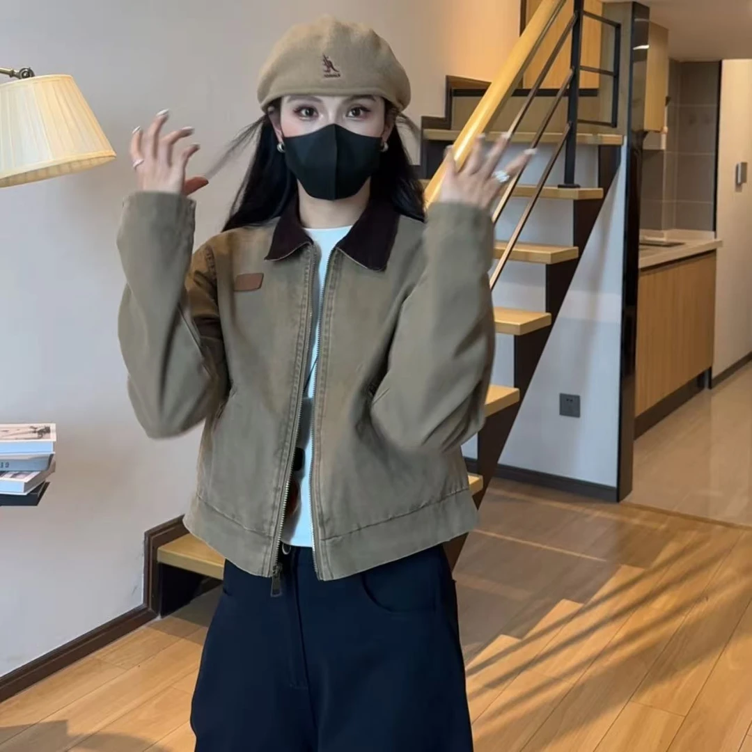 小个子美式工装夹克卡其琥珀流光底特律外套复古秋季女
