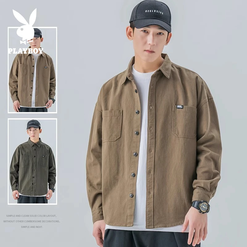 花花公子长袖衬衫男士春夏季日系潮牌翻领工装休闲宽松外套男衬衣