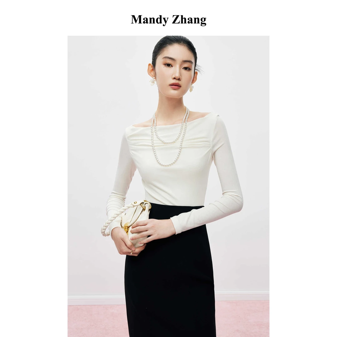 MandyZhang白色一字领针织T恤女春高级感气质高支长袖打底上衣