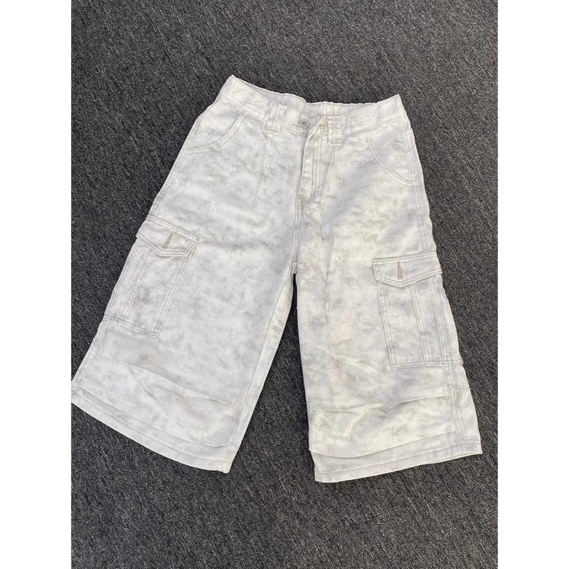 美式脏脏扎染工装短裤男款夏季大口袋褶皱七分裤高街直筒阔腿裤子