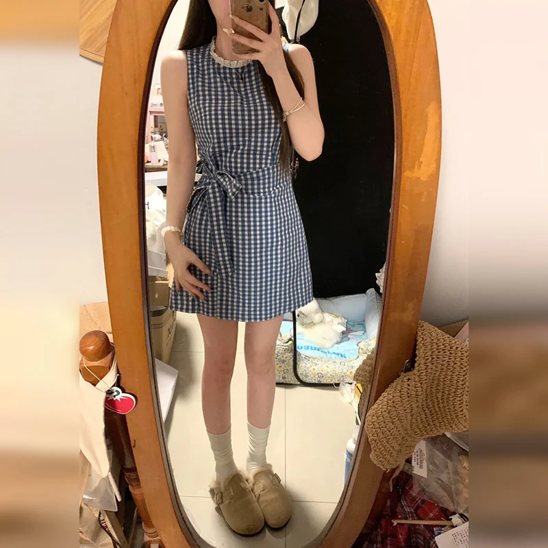 特价2025新款小个子无袖背心连衣裙子女夏季蓝色格子a字短裙2301