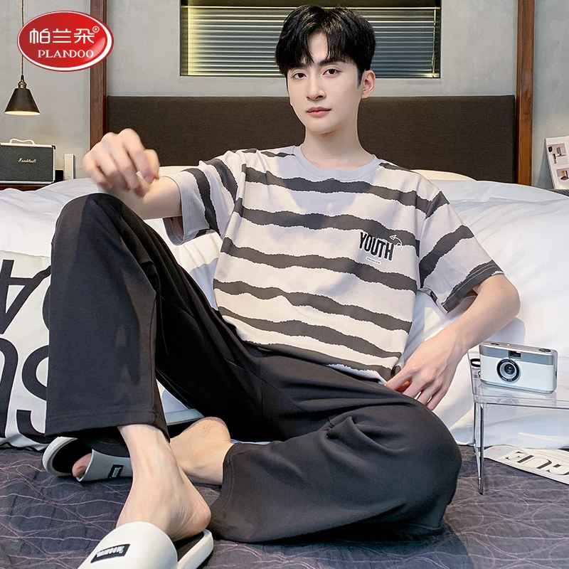 帕兰朵100%纯棉男士睡衣春夏季新款短袖条纹薄款可外穿家居服套装