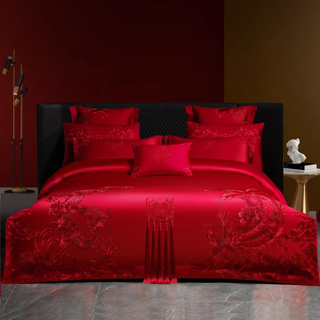 博洋家纺适用高档中式200支结婚四件套红色刺绣被套纯棉六件