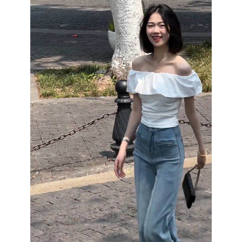 法式白色露肩荷叶边上衣女夏季绝美轻奢短款高级感炸街短袖t恤