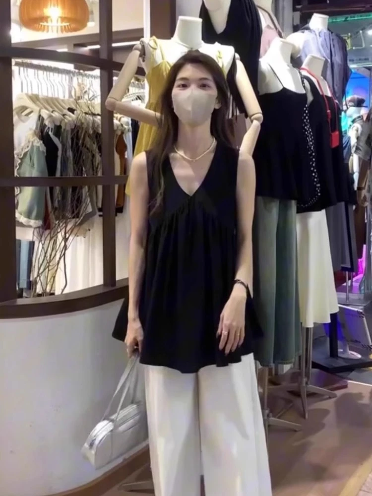 超好看中长款纯色背心女夏季2025新款设计感小个子无袖V领上衣服