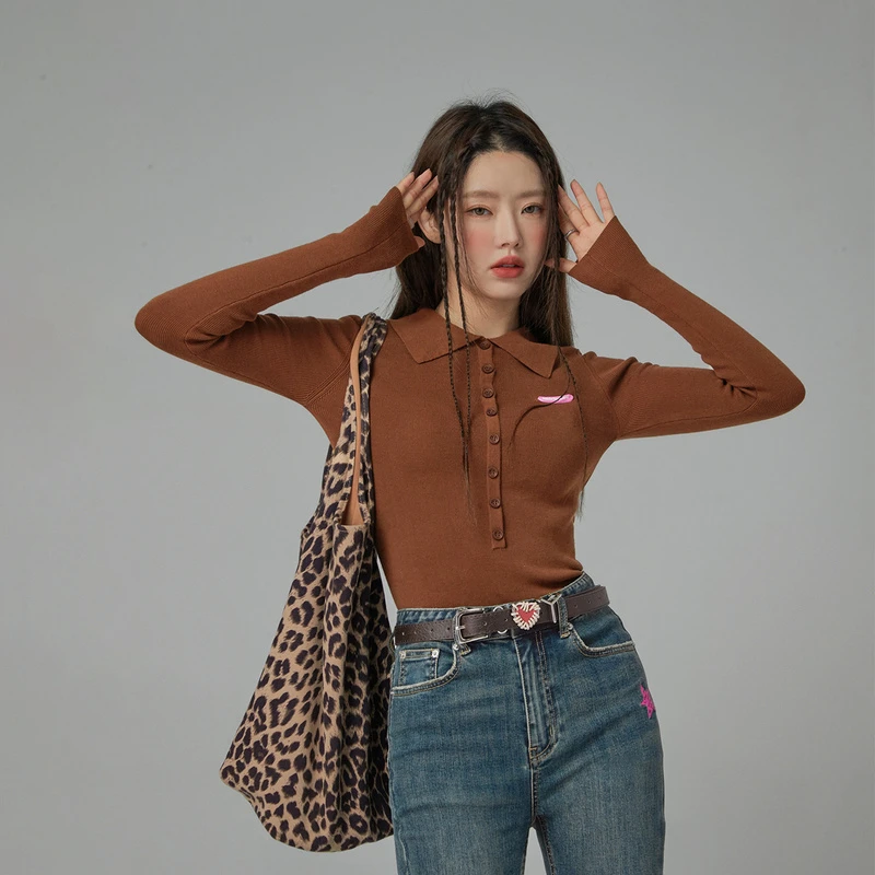 001D【云C专属】CHUU套头圆领修身polo领纯色打底针织衫-F