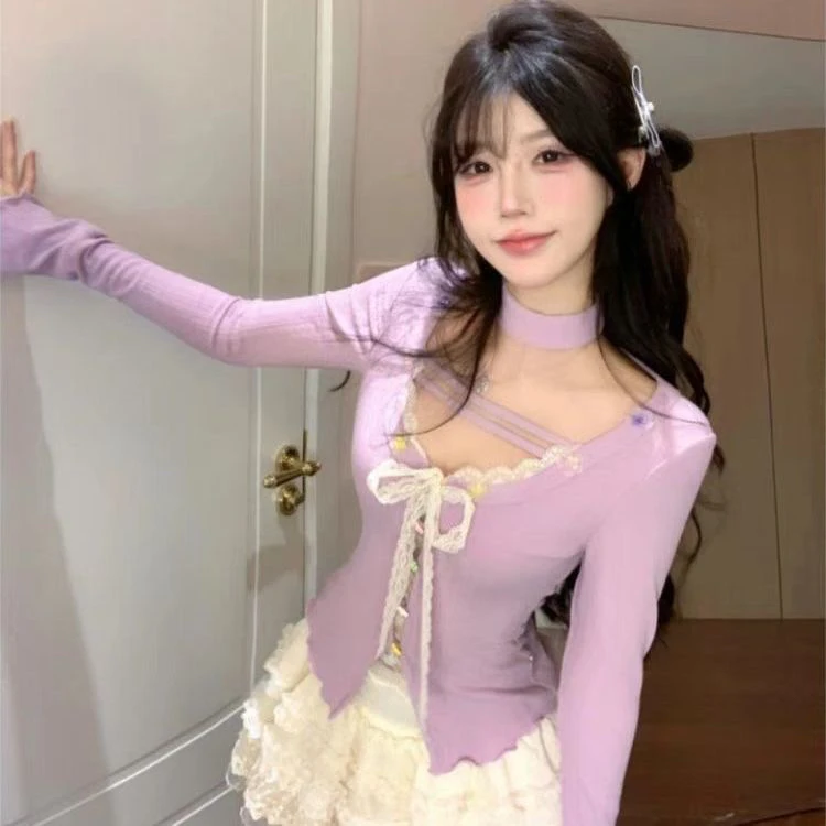 纯欲甜美少女感挂脖镂空针织开衫上衣蕾丝蛋糕短裙两件套装小个子