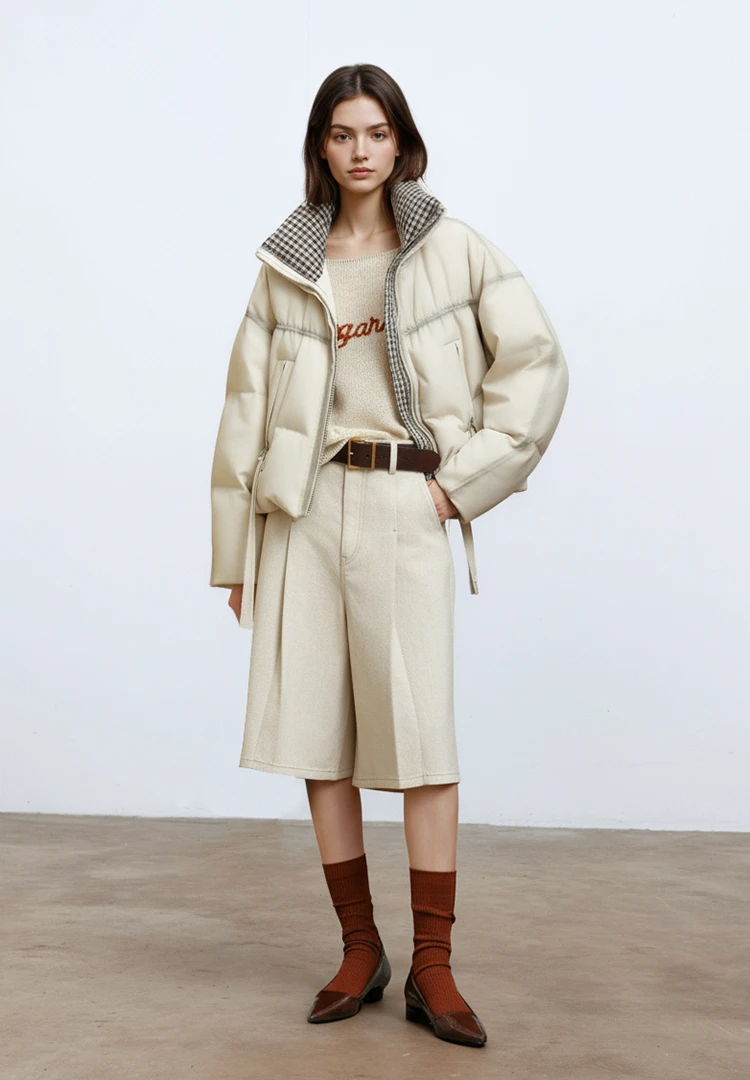 【娜娜专属】皮面短款羽绒服女 格纹立领设计冬小众外套8686