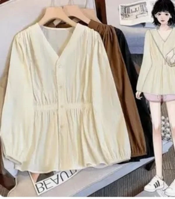 【f043】气质V领收腰衬衫女春季大码胖mm洋气高级感显瘦遮肚子上衣