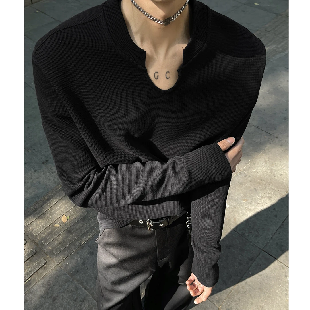 黑色U领华夫格针织打底衫男款cleanfit高级感修身内搭V领长袖t恤