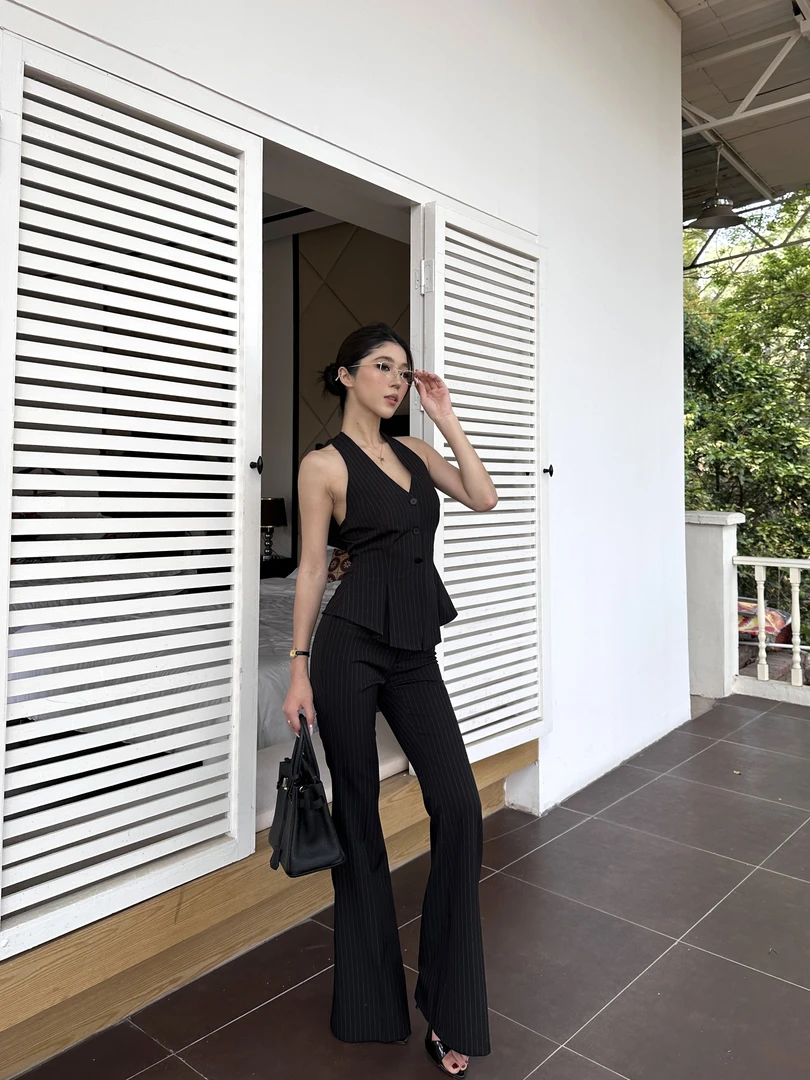 【罗哥】海妖风竖条纹V领背心上衣中低腰微喇西裤套装两件套15987