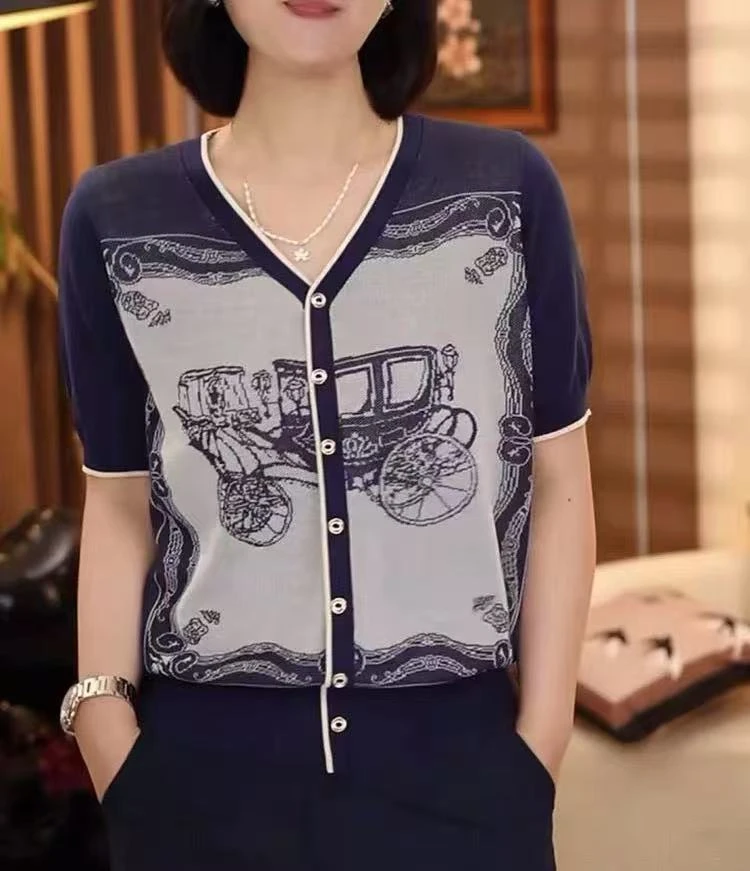 （盛夏午后～马车）轻柔无物莱赛尔天丝短袖开衫薄款女夏季V领针织衫