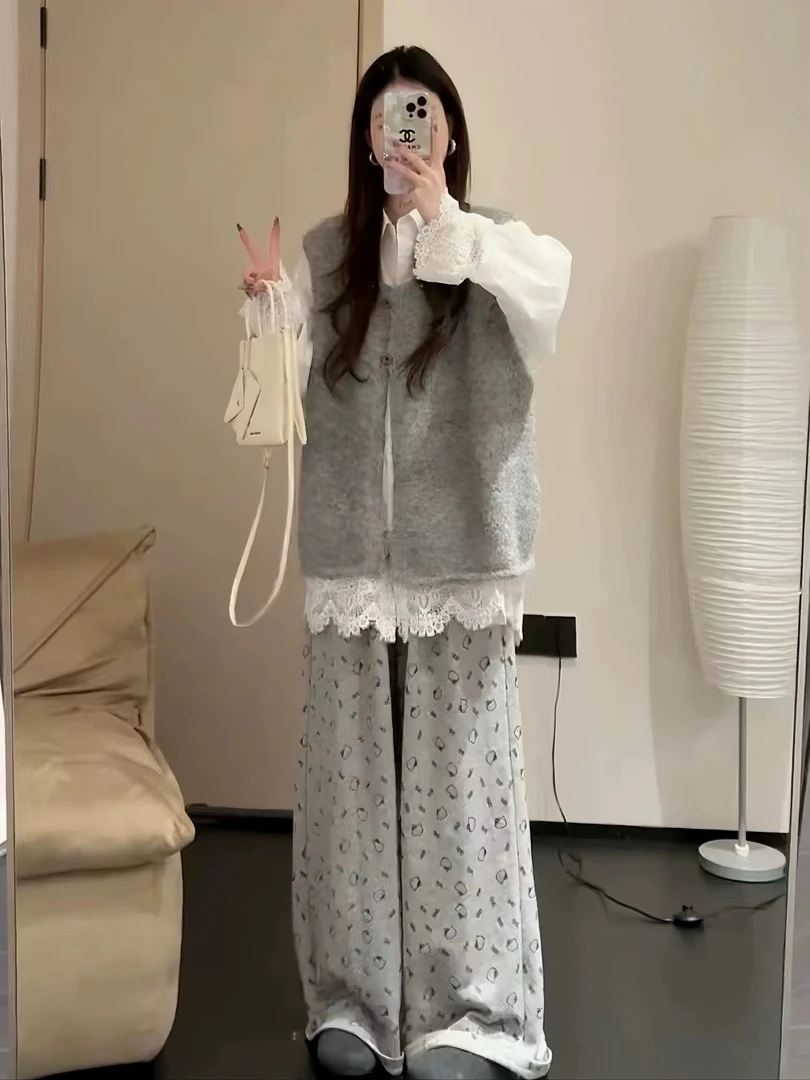 美奈美衣超火春季韩系氛围感穿搭针织马甲慵懒阔腿裤三件套