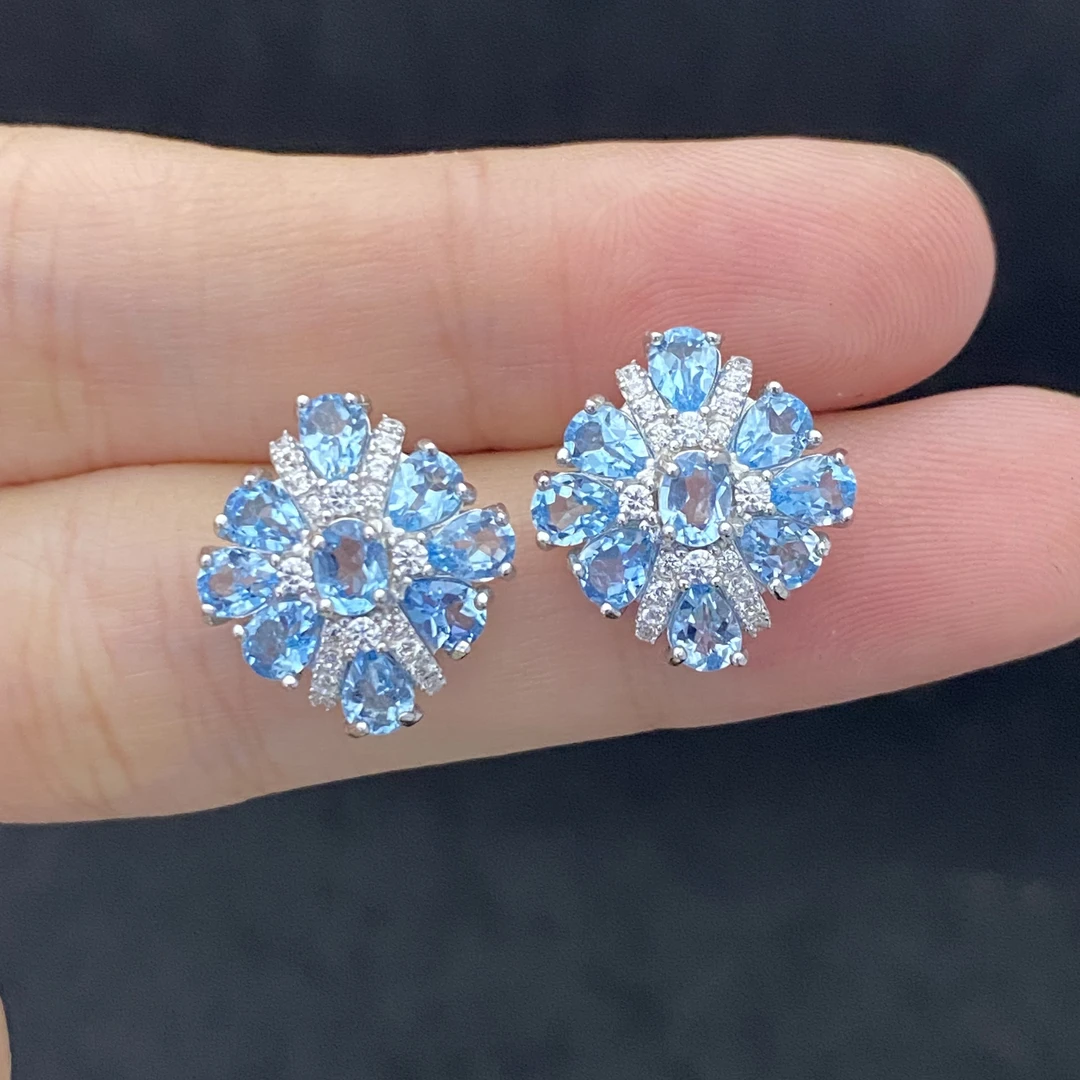 天然托帕石耳钉耳饰s925银 轻奢精致满钻华丽设计款时尚百搭YM