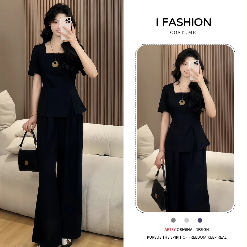 小个子减龄气质套装女2025年夏季新款方领开叉上衣阔腿长裤两件套