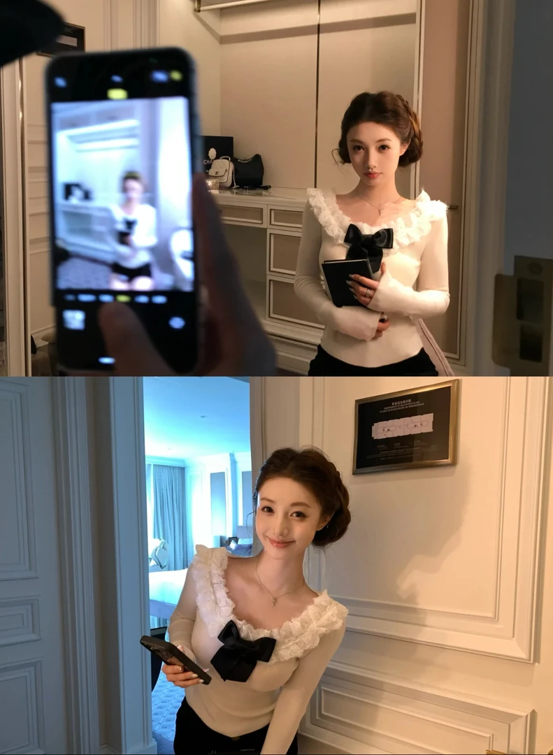 设计感蝴蝶结长袖连体衣女俏皮可爱学院风花边针织上衣配短裤套装