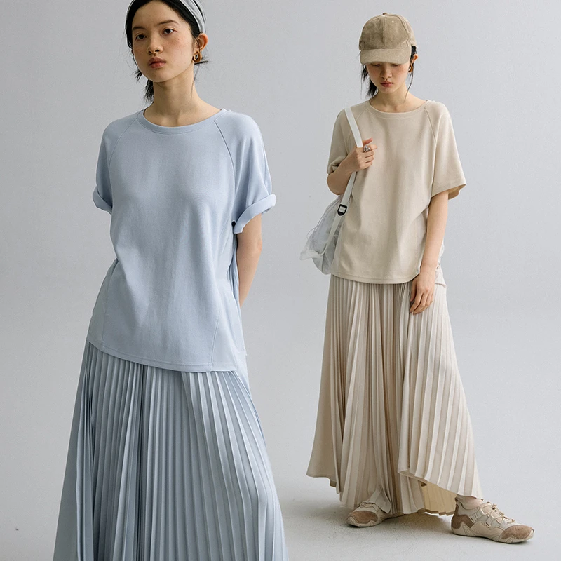 popchrio◆慵懒风设计感短袖T恤连衣裙宽松休闲百褶裙中长款女