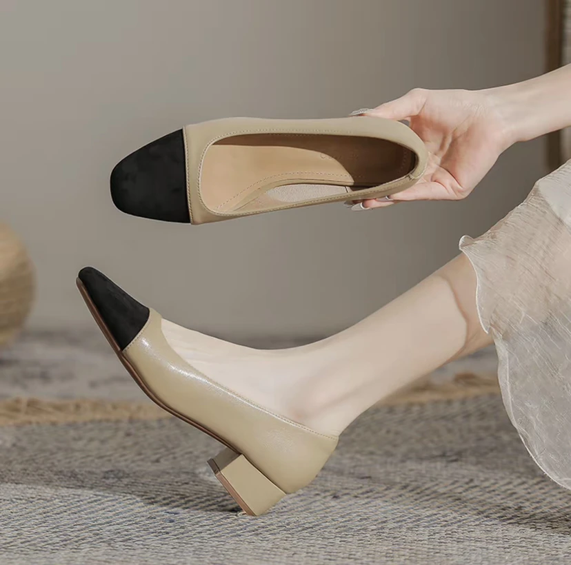 法式小香风拼色高跟鞋女2025新款夏季浅口单鞋粗跟小个子增高单鞋