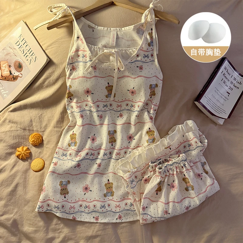 格子甜美小清新带胸垫吊带睡衣女夏天季薄款田园风花卉家居服套装