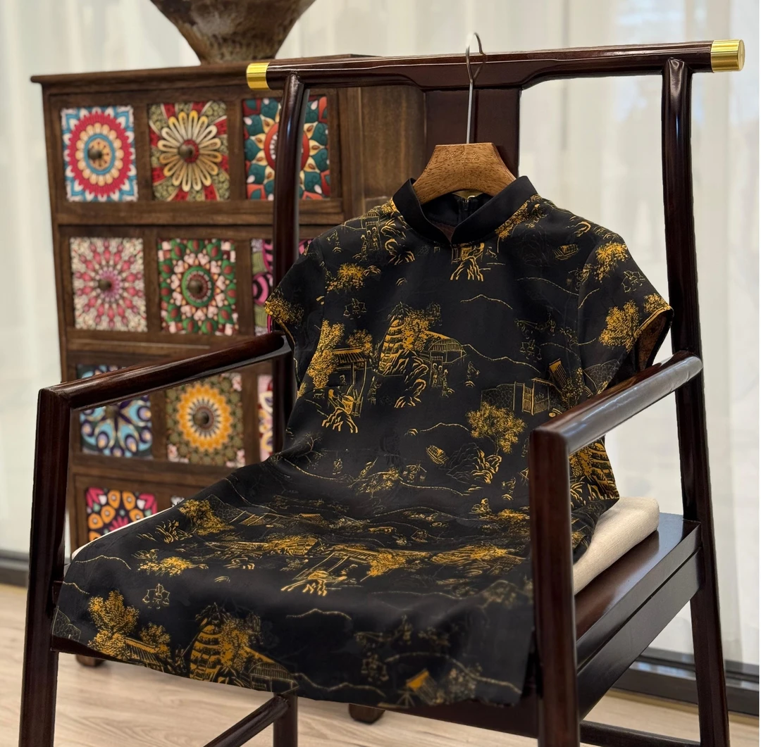 【棠雾】新中式桑蚕丝香云纱旗袍短袖上衣日常国风奥黛立领夏季女装