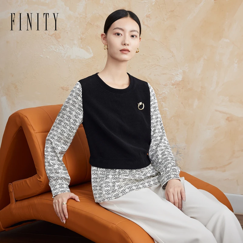 【粉丝专享】FINITY 雪纺衫假两件圆领拼接印花长袖双边 F21W8D29T5