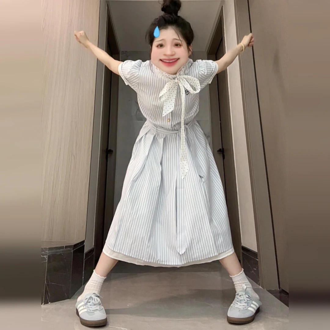 2025新款夏季韩系冷淡系高级感长裙蓝色学院风条纹衬衫连衣裙子女