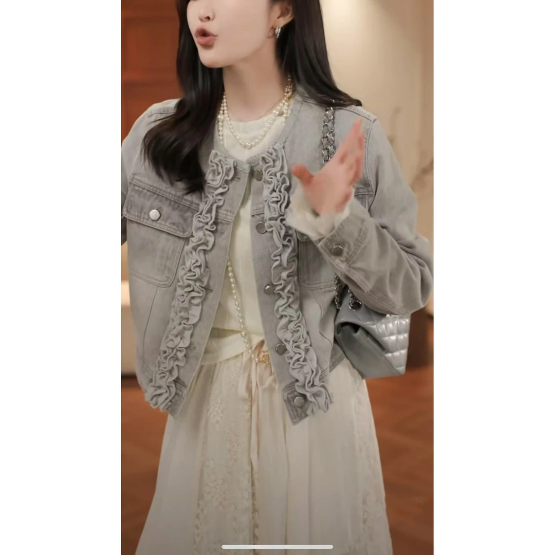 碧落木耳边牛仔外套女春季百搭款时尚新款复古休闲短款牛仔外套女