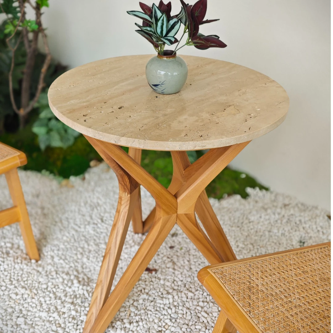 原木风天然洞石花园茶几休闲圆形纯实木边几简约茶几