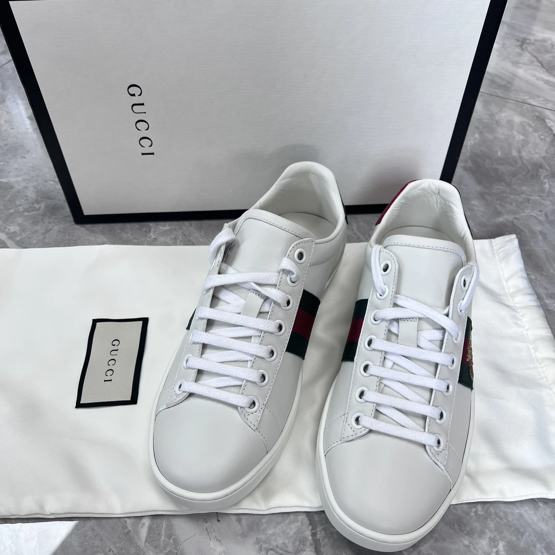 未使用 GUCCI/古驰 35码！ACE 牛皮蜜蜂红绿织带图案板鞋 白色